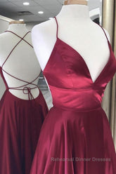 A Line V Neck Backless Burgundy Long Semi Formal Prom Dresses, Backless Burgundy Formal Graduation Evening Dresses
